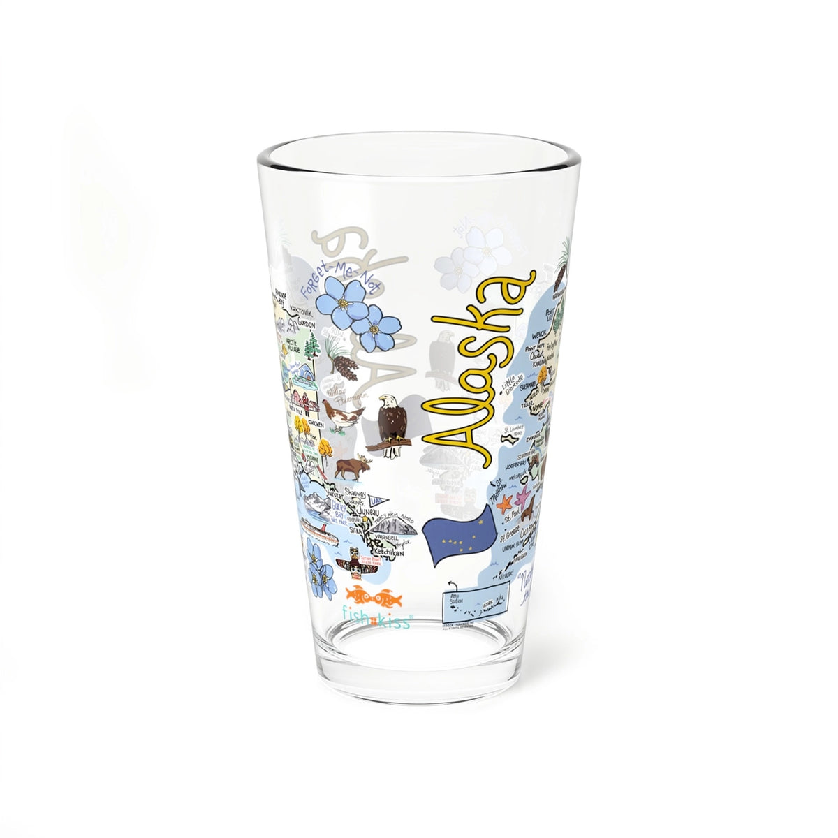 Alaska State, Cities & Icons Map 16oz Glass