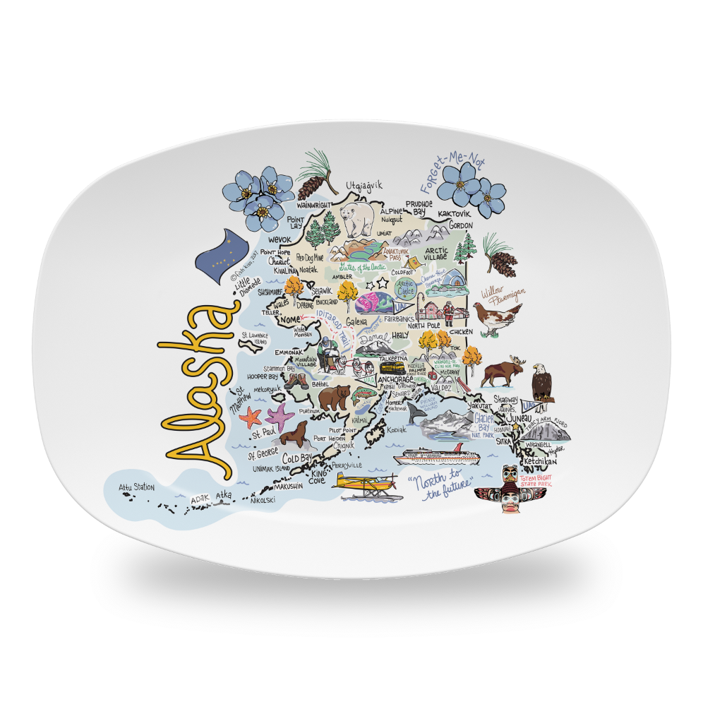Alaska State, Cities & Icons Map Platter