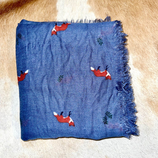 Fox Print Denim Blue Scarf Wrap w/ Fringe