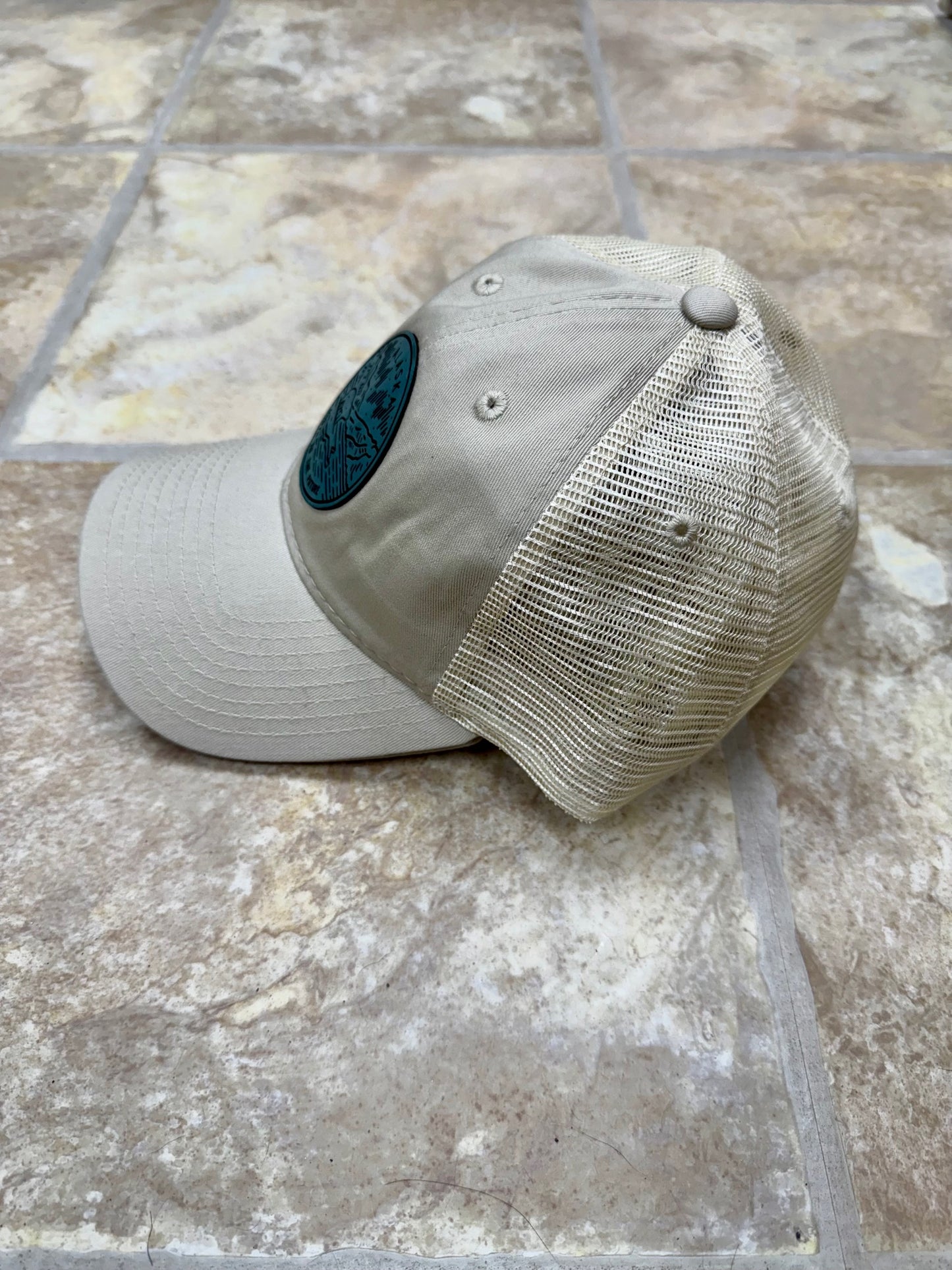 Alaska North to the Future Teal Patch x Relaxed Fit Mesh Trucker Beige Hat