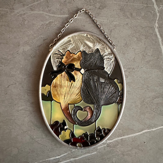 Cats on Fence Heart Tails Stained Glass Sun Catcher