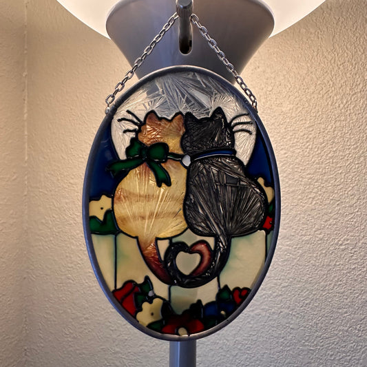 Cats on Fence Heart Tails Stained Glass Sun Catcher