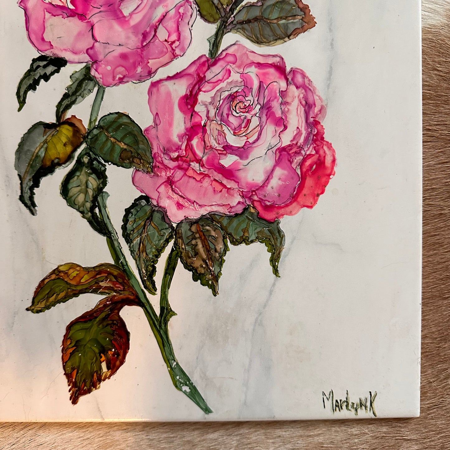 Butterfly & Roses Hand Painted Tile Art