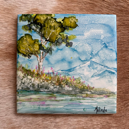 Alaska Lake Mountain Landscape Hand Painted Tile Art / Coaster