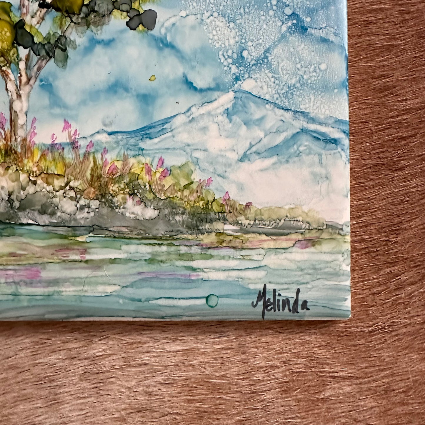 Alaska Lake Mountain Landscape Hand Painted Tile Art / Coaster