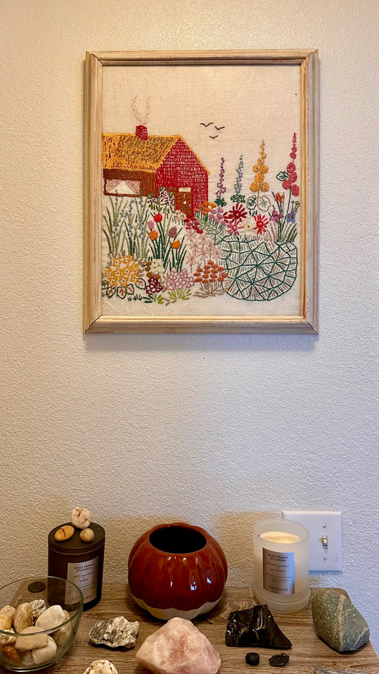 "Homestead Cabin" Needlepoint Art, Framed
