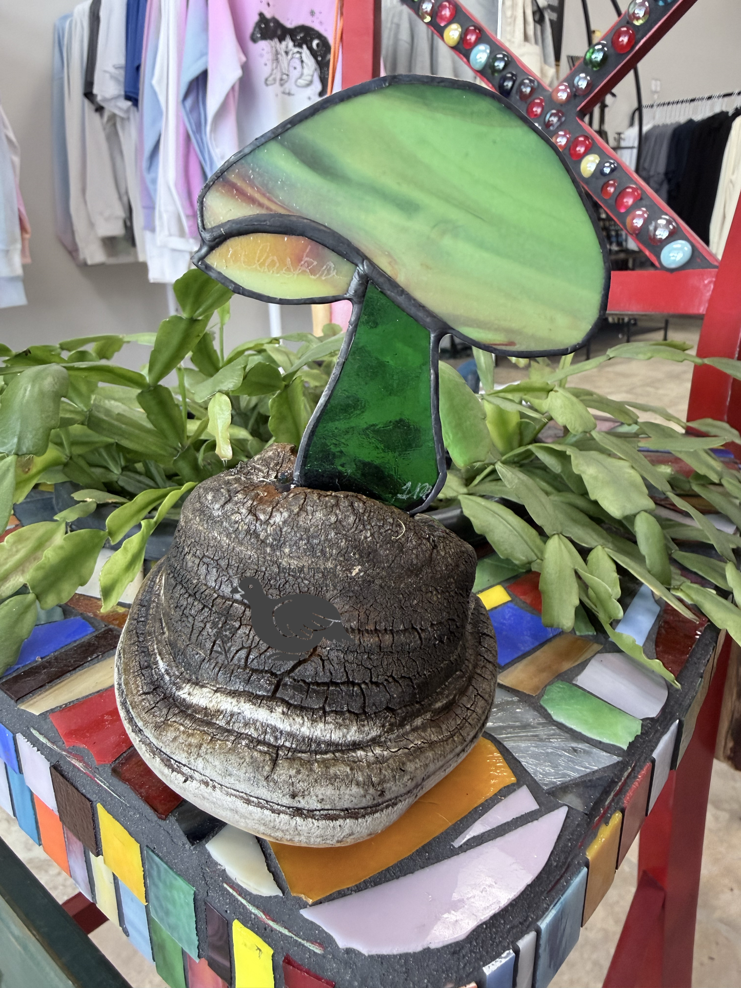 Alaska Mushroom Stained Glass Art On Wood Burl AKR