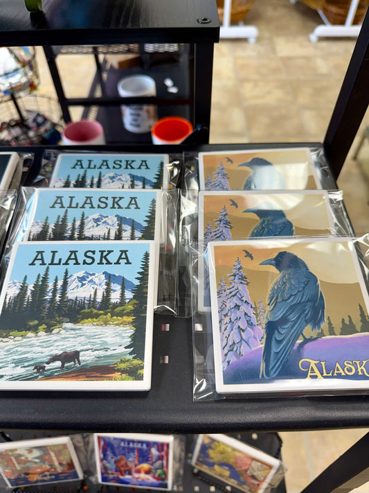 Raven Winter Alaska Art Tile Ceramic Coaster