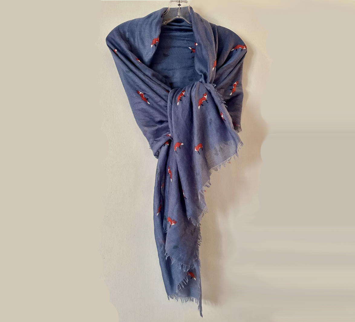 Fox Print Denim Blue Scarf Wrap w/ Fringe