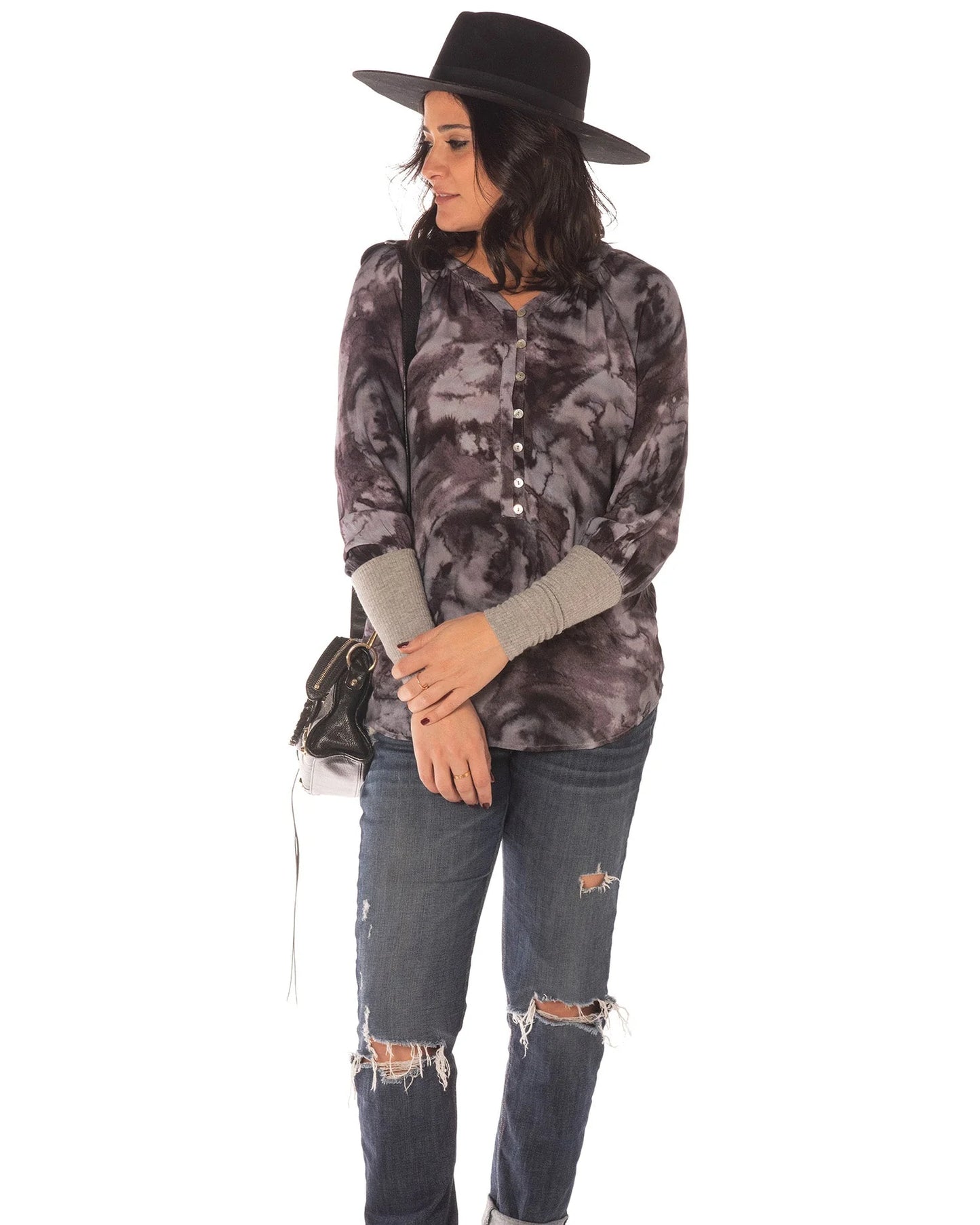 Earleen Tie Dye Button Front Crewneck Blouse
