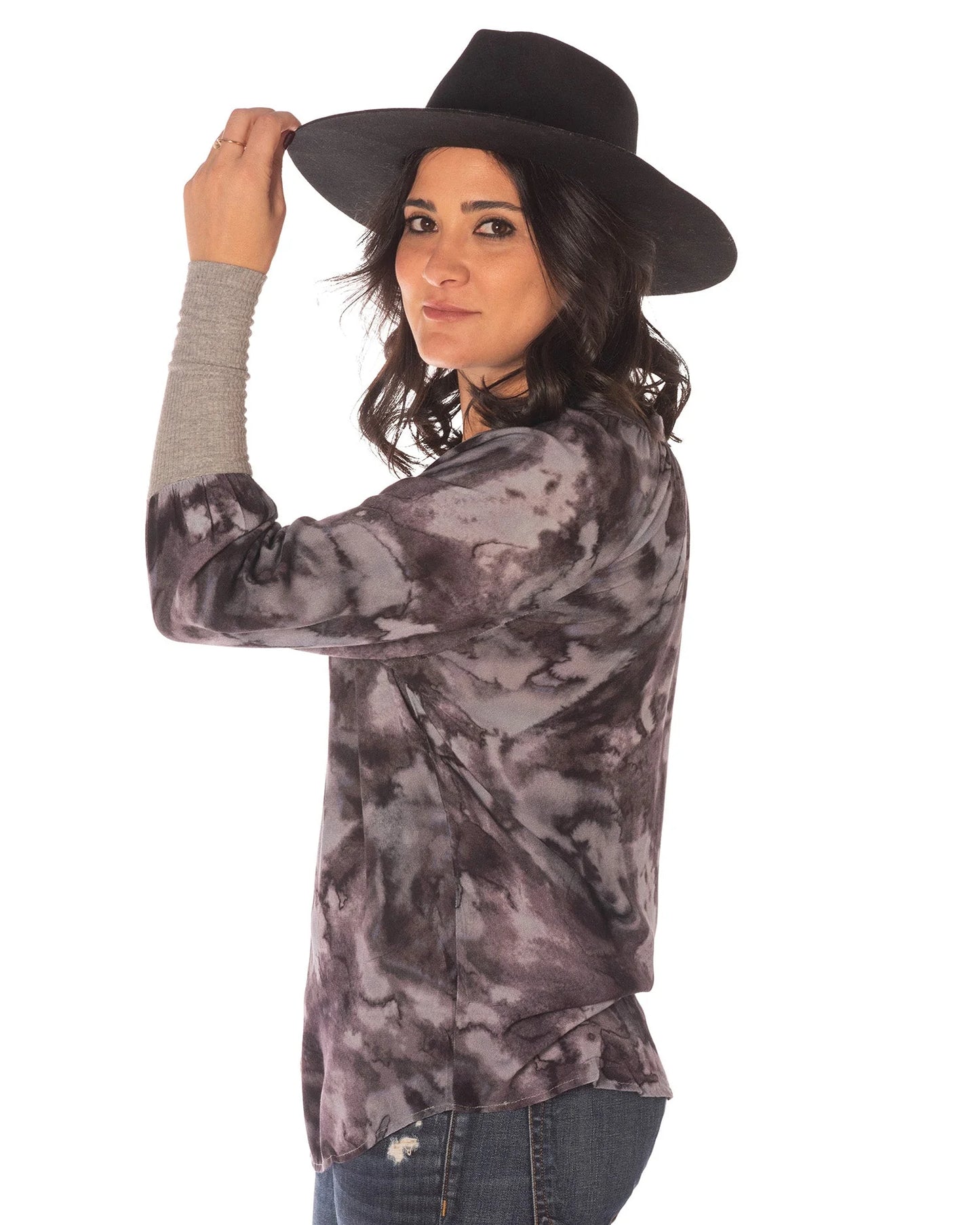 Earleen Tie Dye Button Front Crewneck Blouse