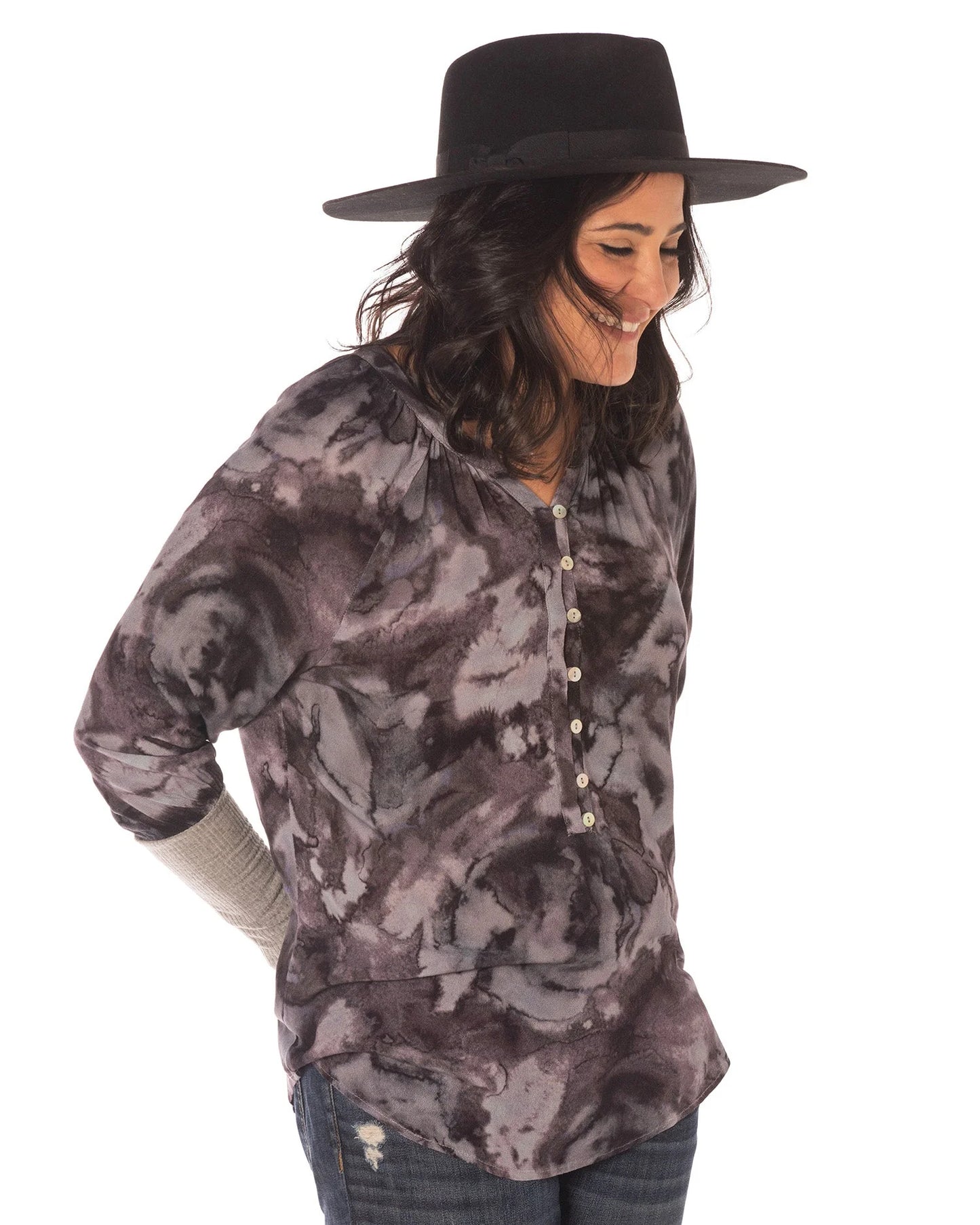 Earleen Tie Dye Button Front Crewneck Blouse