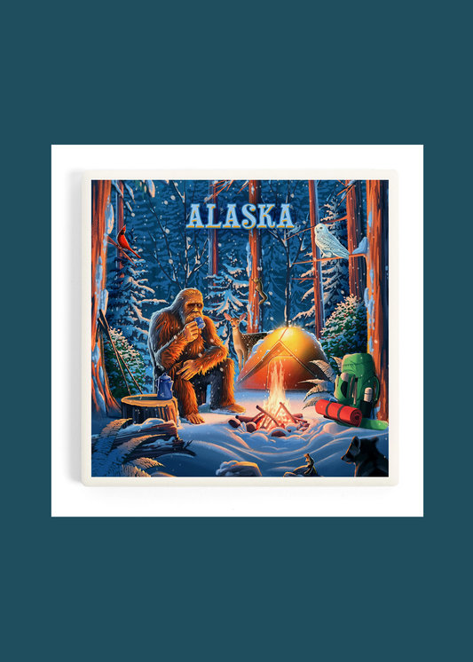 Alaska Sasquatch Hairy Man Campfire Ceramic Coaster