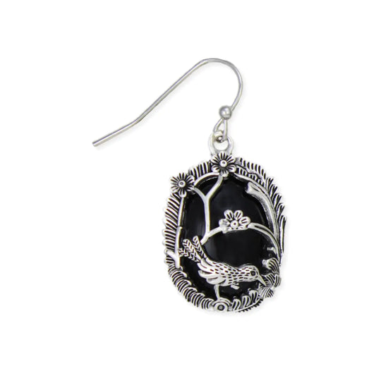 Silver Bird Floral Cameo Dangle Earrings
