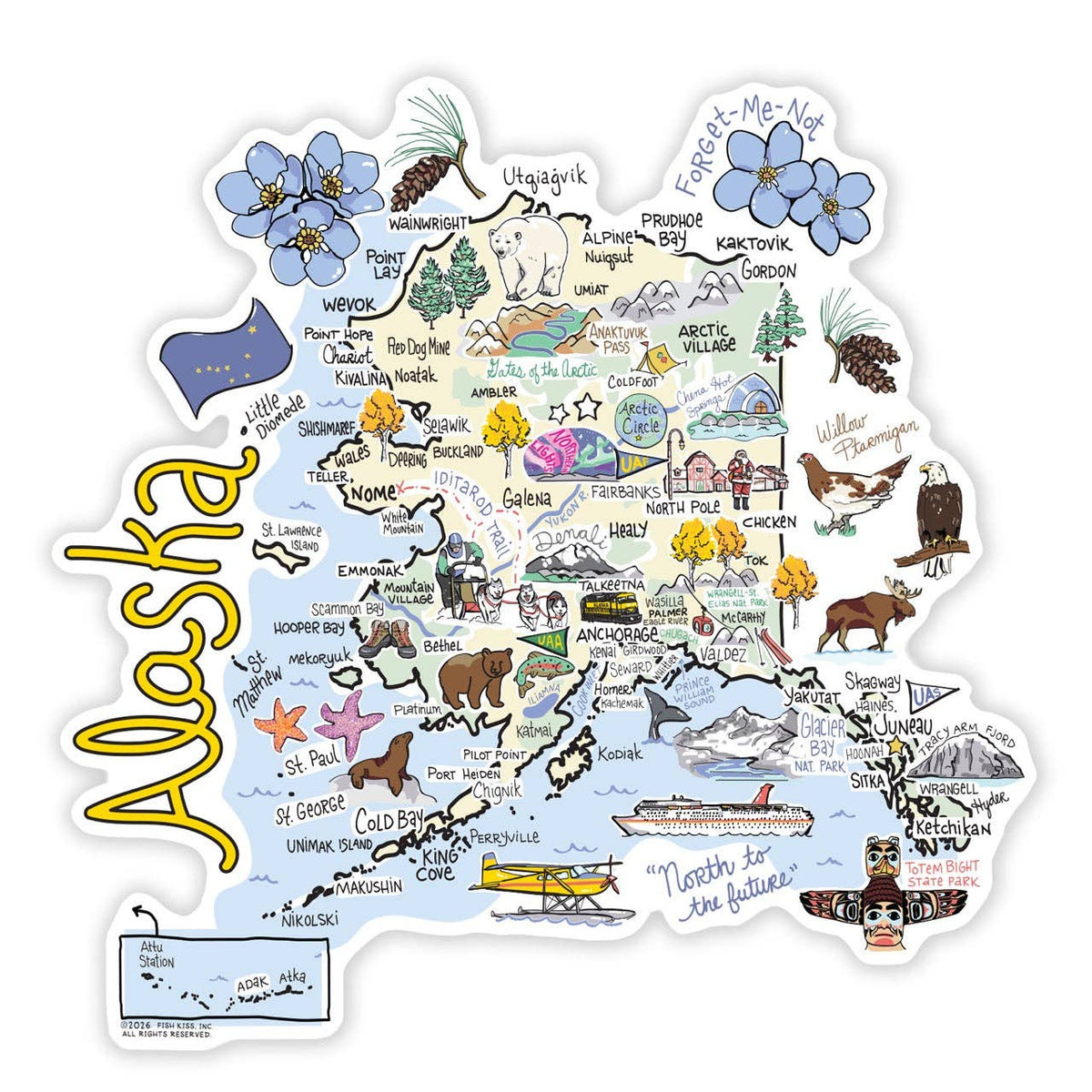 Alaska State, Cities & Icons Map Sticker 5"
