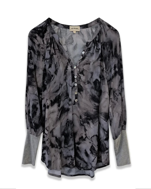Earleen Tie Dye Button Front Crewneck Blouse