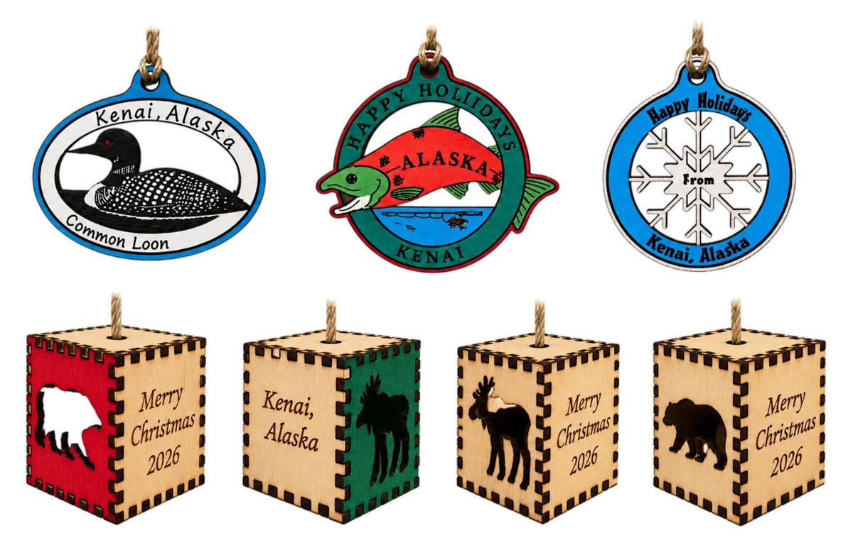 Wood Holiday Ornaments Kenai Alaska, 4 Styles AEE