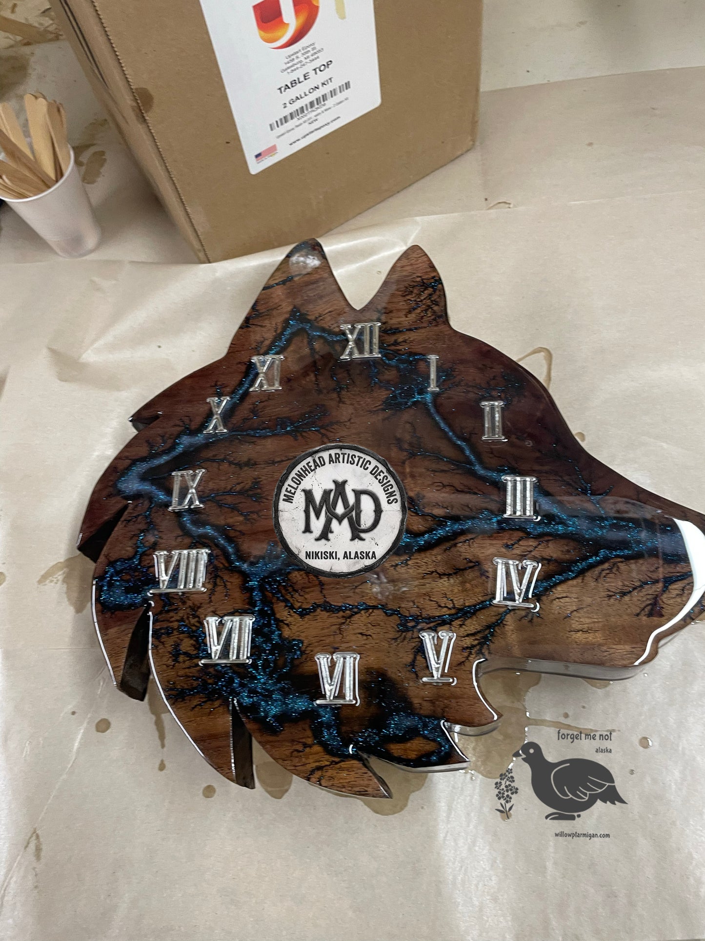 Wolf Clock Lichtenberg Wood Burn Resin MAD