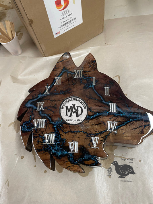 Wolf Clock Lichtenberg Wood Burn Resin MAD