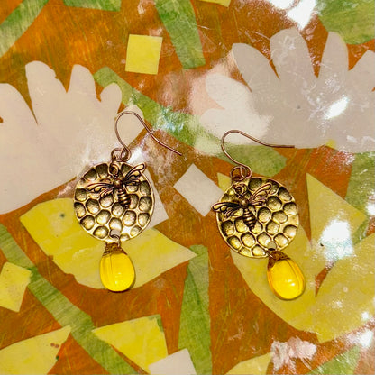 Honeycomb Drop Bee Dangle Earrings