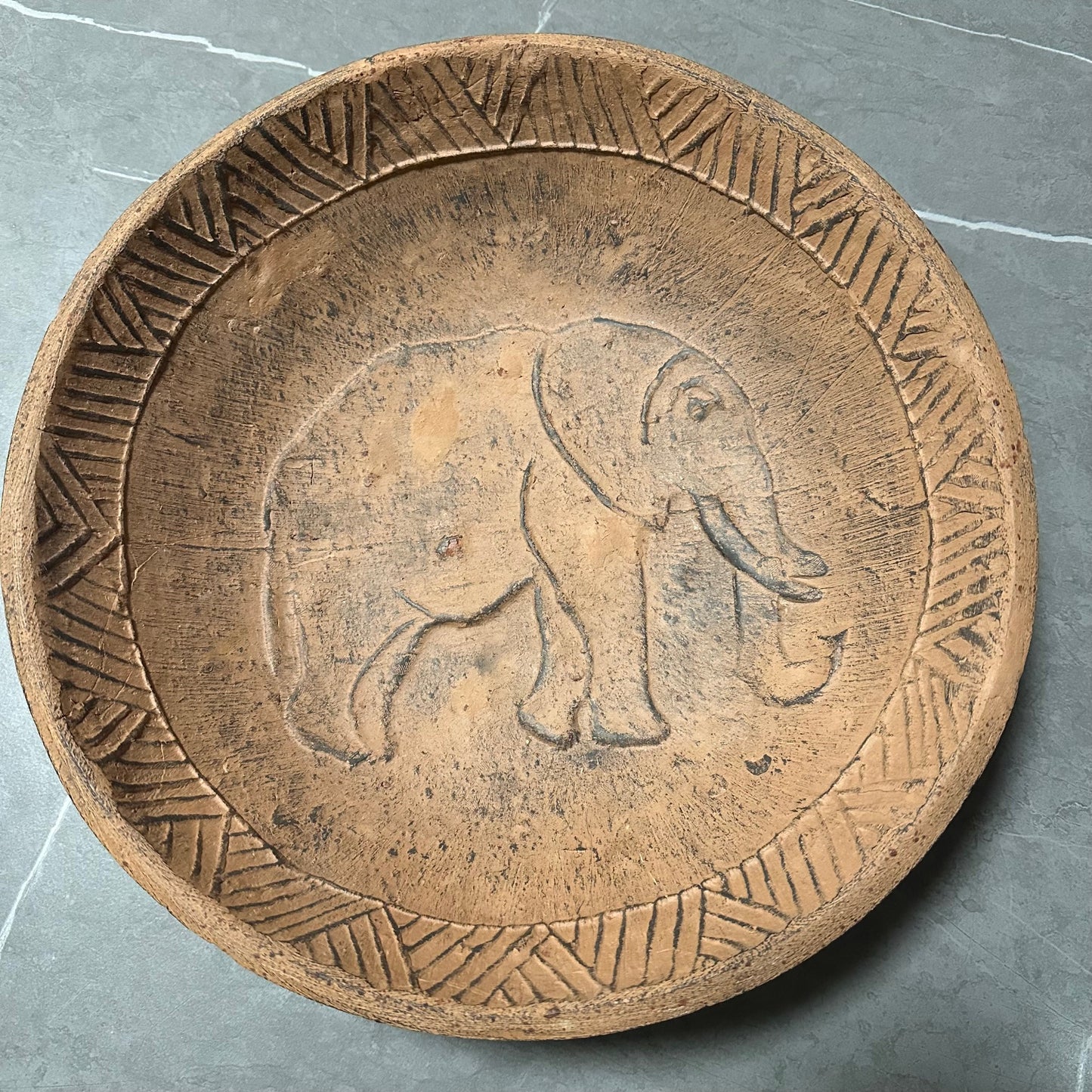 Elephant Motif Artisanal Decorative Plate Bowl, Pottery Stamp MCM