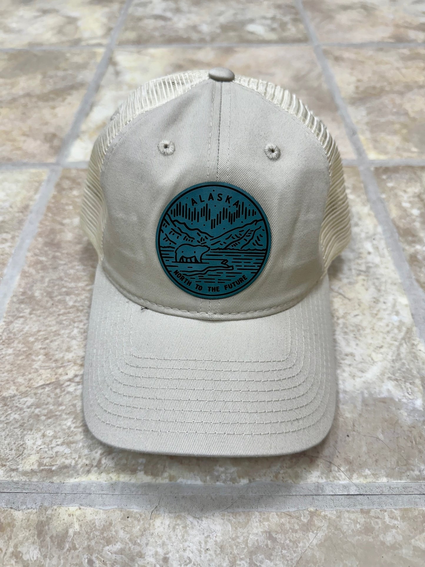 Alaska North to the Future Teal Patch x Relaxed Fit Mesh Trucker Beige Hat