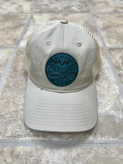 Alaska North to the Future Teal Patch x Relaxed Fit Mesh Trucker Beige Hat
