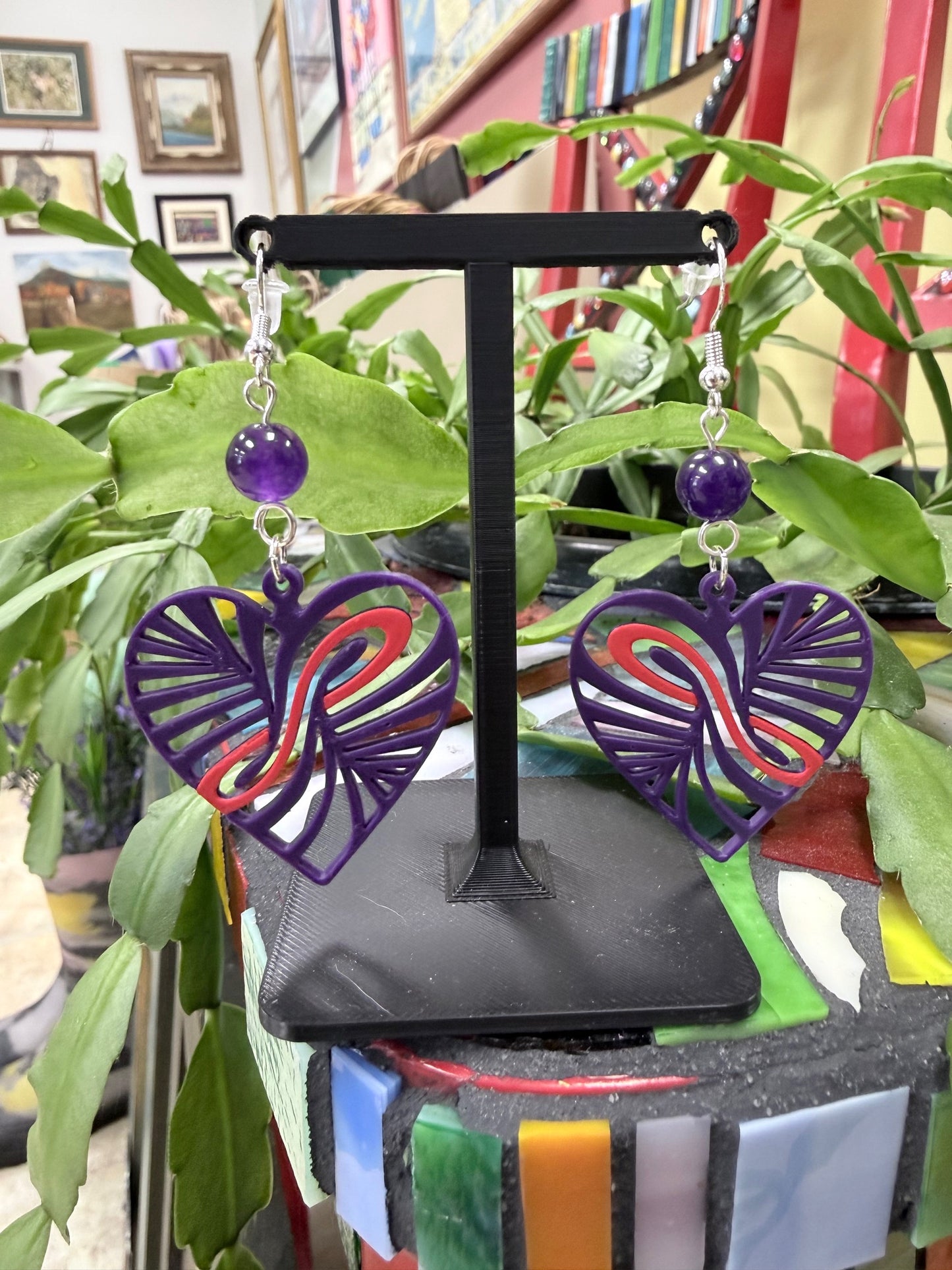 Filigree Heart Amethyst Bead Earrings