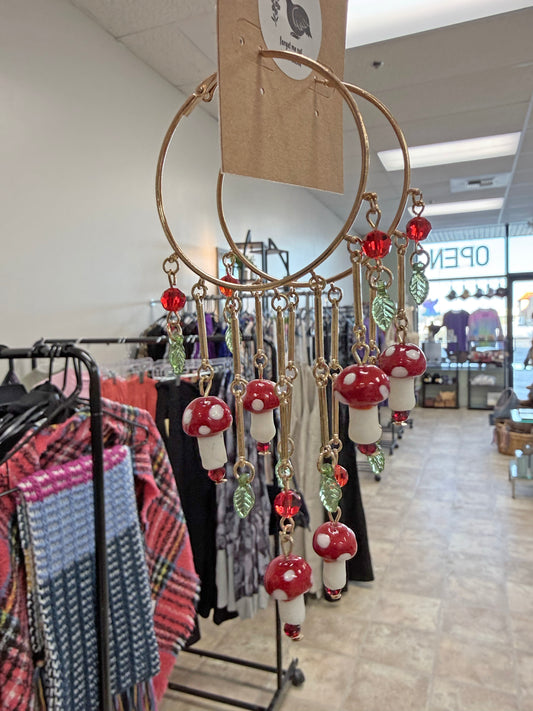 Alaska Forest Mushroom Blooms Hoop Fringe Earrings - Red