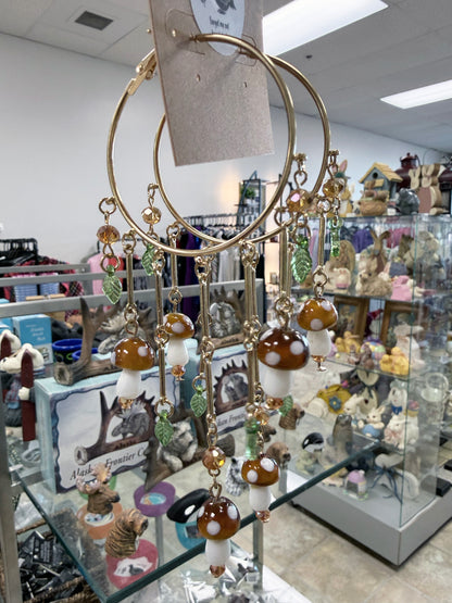 Alaska Forest Mushroom Blooms Hoop Fringe Earrings - Brown