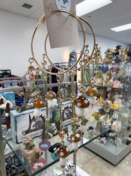 Alaska Forest Mushroom Blooms Hoop Fringe Earrings - Brown