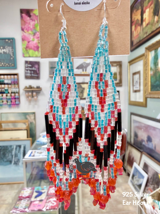 Alaska Raven Salmonberry Fringe Bead Earrings