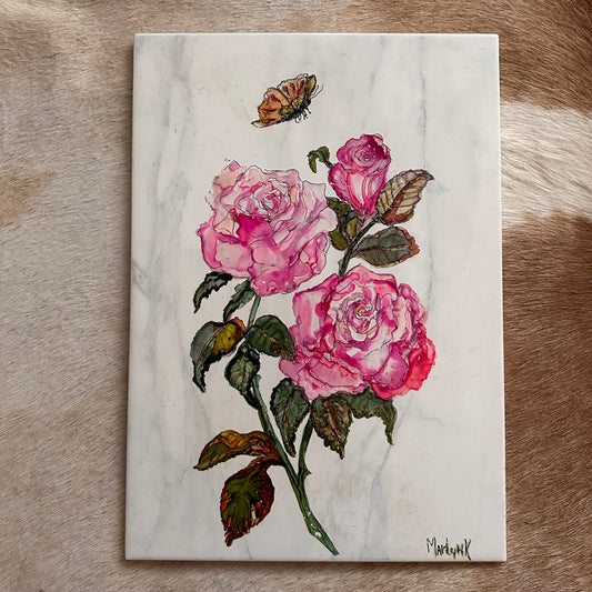 Butterfly & Roses Hand Painted Tile Art