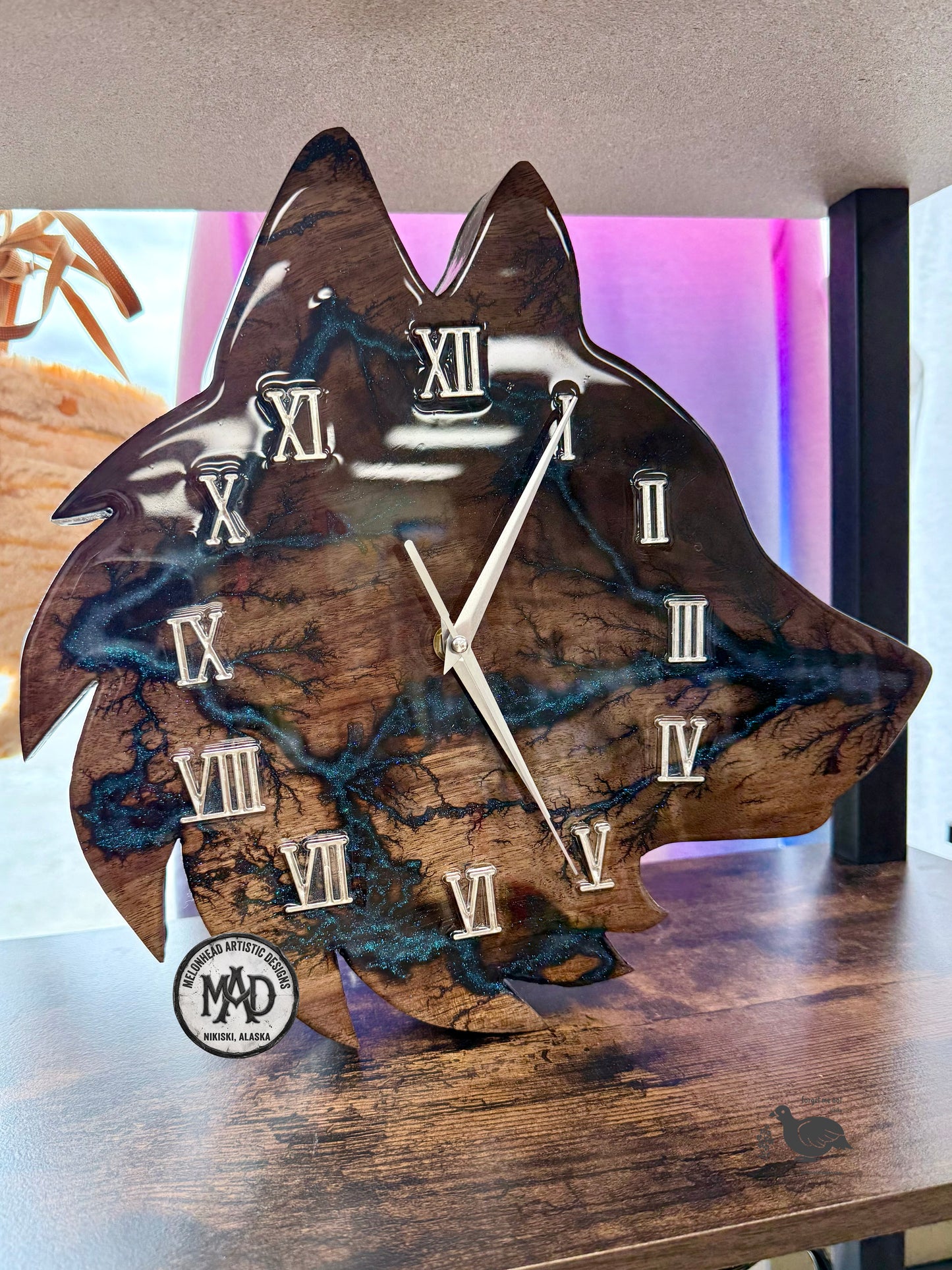 Wolf Clock Lichtenberg Wood Burn Resin MAD
