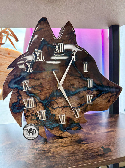 Wolf Clock Lichtenberg Wood Burn Resin MAD