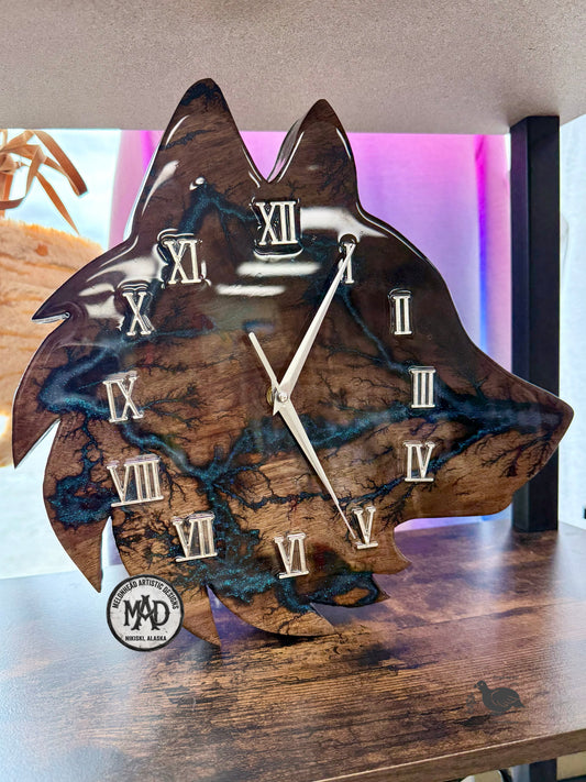 Wolf Clock Lichtenberg Wood Burn Resin MAD