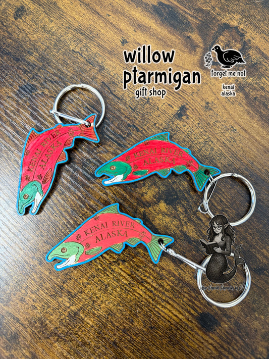 Salmon Kenai River Wood Keychain AEE