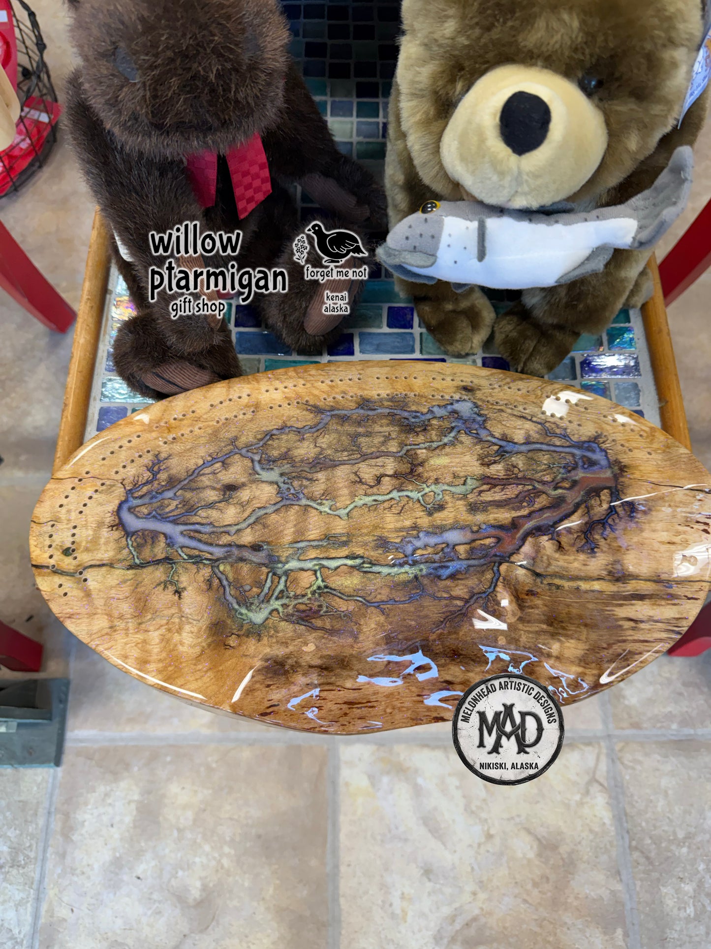 Cribbage Game Board Oval Lichtenberg Wood Burn Resin Decor MAD