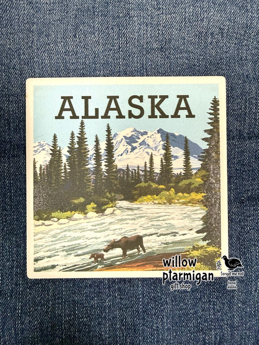 Moose & Baby Wilderness Alaska Art Tile Ceramic Coaster