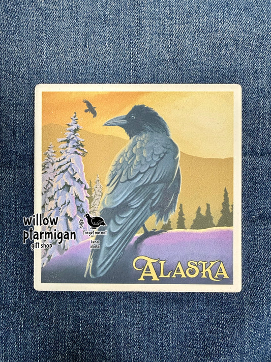 Raven Winter Alaska Art Tile Ceramic Coaster