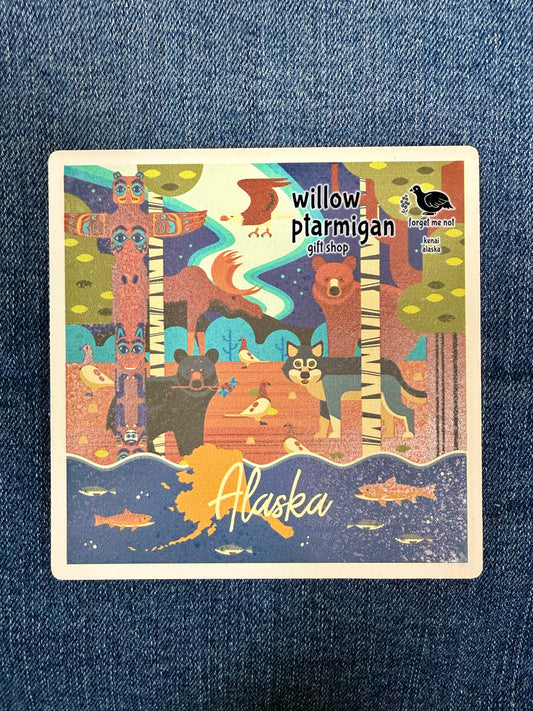 Alaska Wildlife & Totem Art Tile Ceramic Coaster