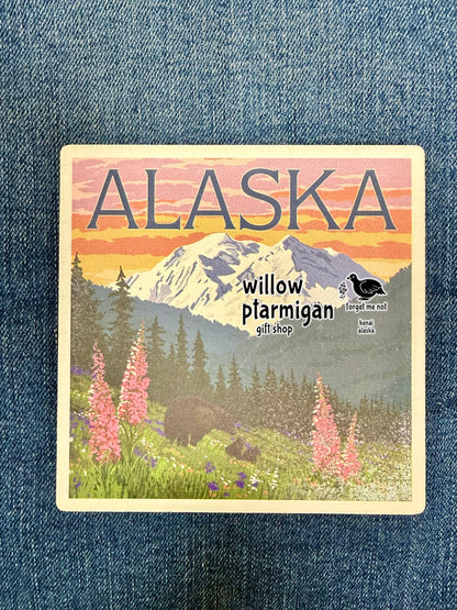 Alaska Bear & Cubs Denali View Art Tile Ceramic Coaster