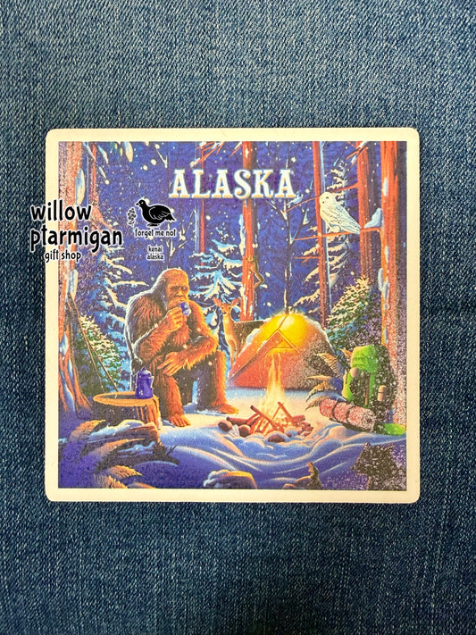 Alaska Sasquatch Hairy Man Campfire Art Tile Ceramic Coaster