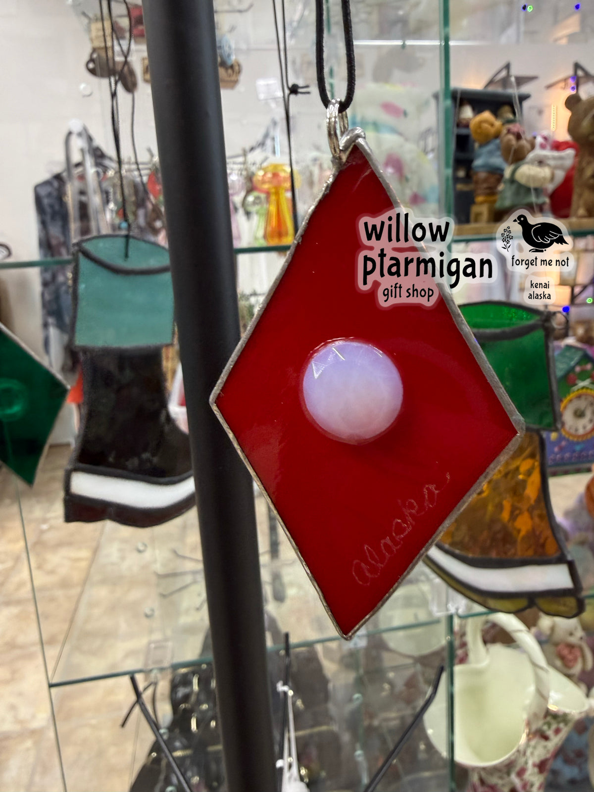 Alaska Diamond Stained Glass Art Suncatcher, Red AKR