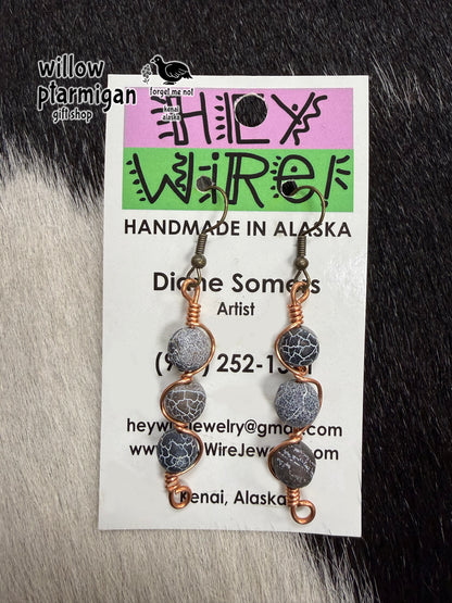 Tri Sphere Bead Wire Wrap Dangle Earrings, 2 Colors HW