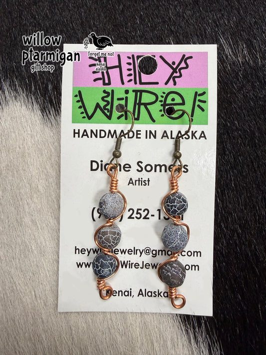 Tri Sphere Bead Wire Wrap Dangle Earrings, 2 Colors HW