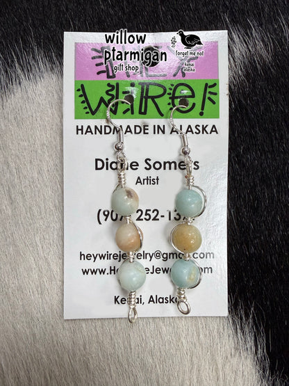 Tri Sphere Bead Wire Wrap Dangle Earrings, 2 Colors HW
