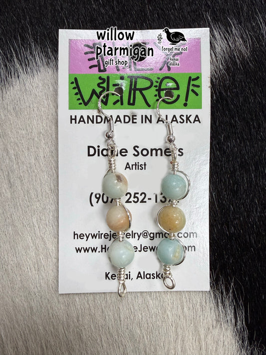 Tri Sphere Bead Wire Wrap Dangle Earrings, 2 Colors HW