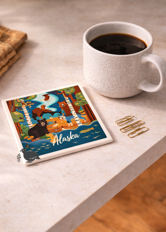 Alaska Wildlife & Totem Ceramic Coaster