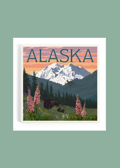 Alaska Bear & Cubs Denali View Ceramic Coaster